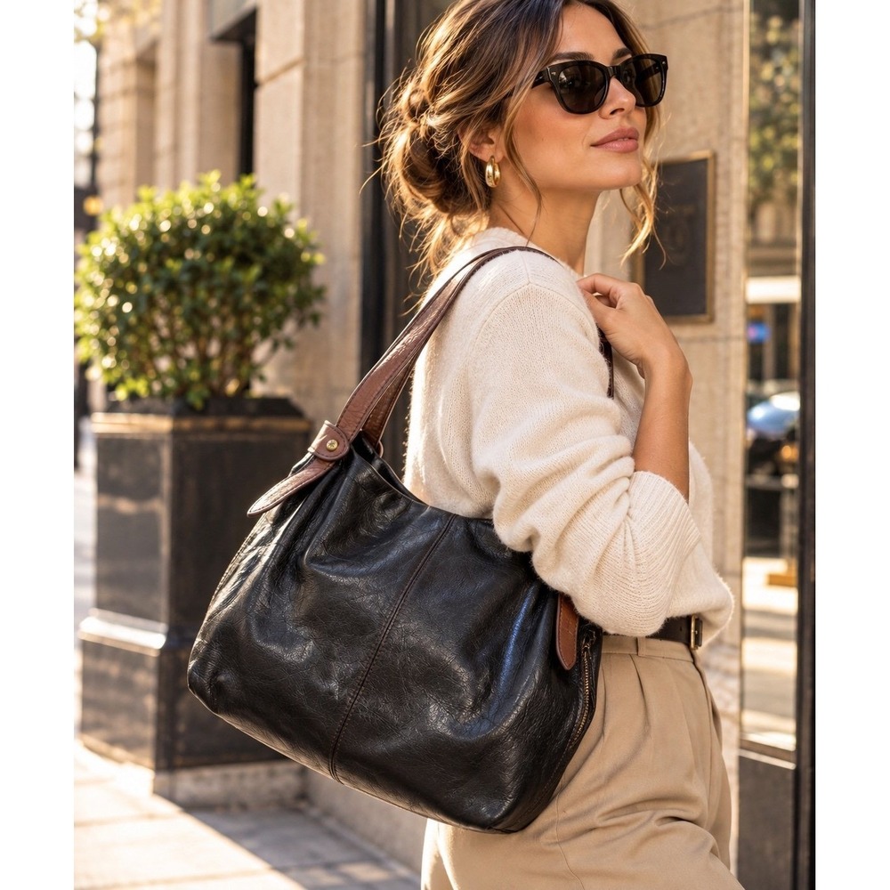 HOBO Black Genuine Leather Shoulder Bag Brown Straps Slouchy Large Tote